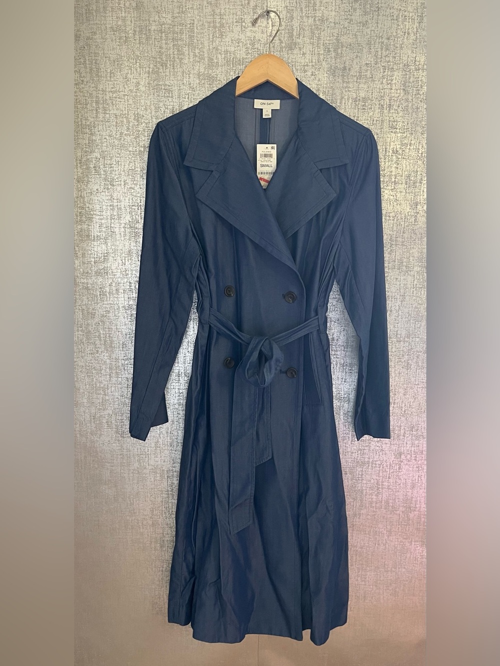 On 34th Women's Chambray Lyocell Trench Coat Belted L Denim Double
Breasted Long